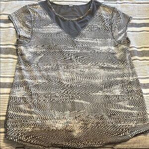 Gray and White V-Neck Cap Sleeve Graphic Blouse